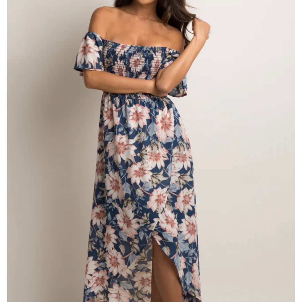 PinkBlush Blue Floral Off Shoulder Smocked Wrap Dress
